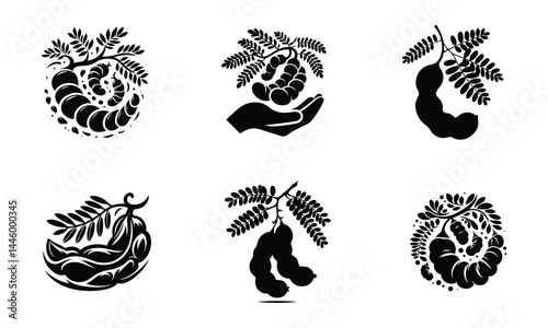 Tamarind Fruit Icons – Hand-Held and Hanging Styles | Black Silhouette Vector