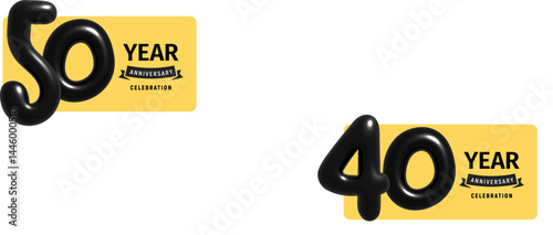 40 year anniversary celebration with bold glossy black 3D numbers on yellow background, joyful and modern. Event branding, printable milestone design. Vector illustration.