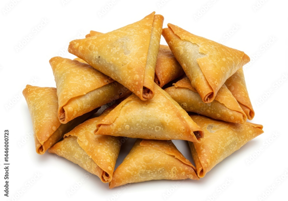 Pile of golden brown samosas on a white background ready to be served Pile of golden brown samosas on a white background ready to be served