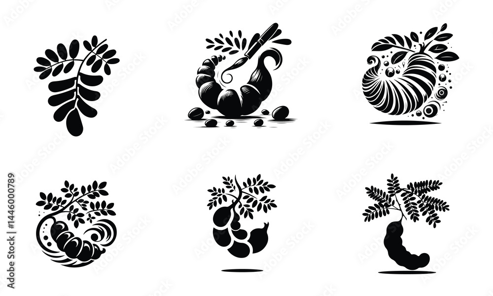 Tamarind Fruit Icons – Hand-Held and Hanging Styles | Black Silhouette Vector Tamarind Fruit Icons – Hand-Held and Hanging Styles | Black Silhouette Vector