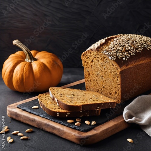 In the photograph, you can see a crunchy whole-grain bread, rich with a variety of seeds enticingly emerging from its interior. Its appetizing appearance promises a delicious and healthy meal .