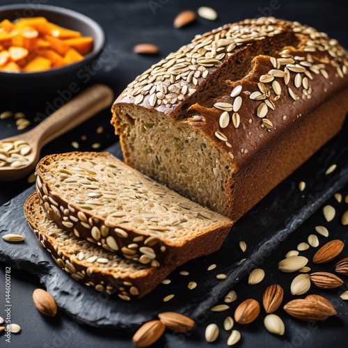 In the photograph, you can see a crunchy whole-grain bread, rich with a variety of seeds enticingly emerging from its interior. Its appetizing appearance promises a delicious and healthy meal .