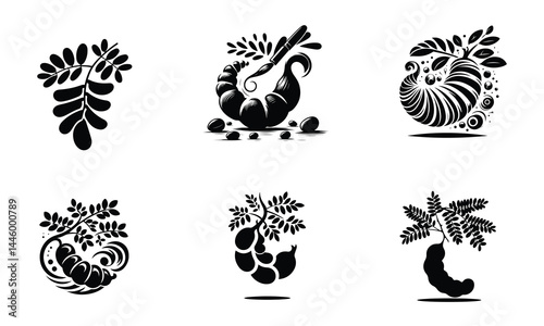 Tamarind Fruit Icons – Hand-Held and Hanging Styles | Black Silhouette Vector photo