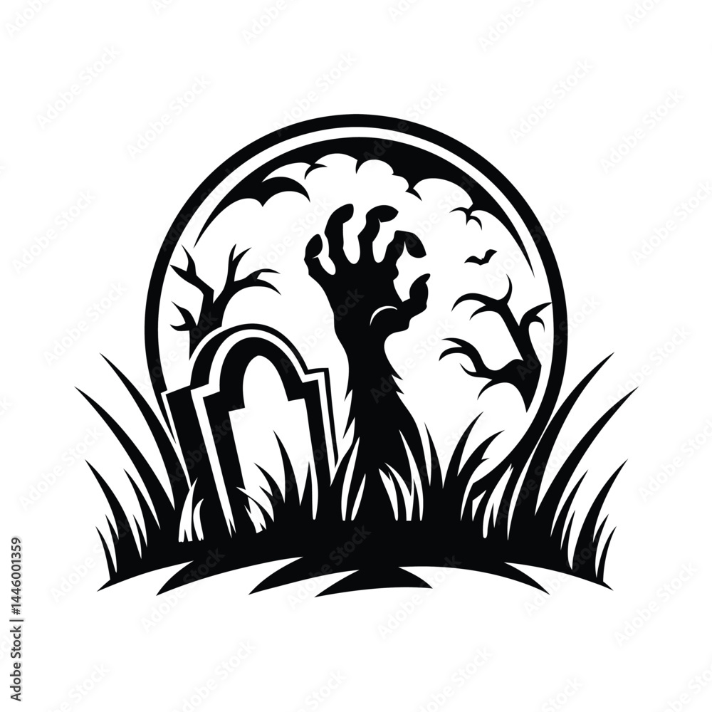 Obraz premium Silhouette Zombie Hand Rising from Grave, Tombstone, Grass, Trees in Moonlight Circle