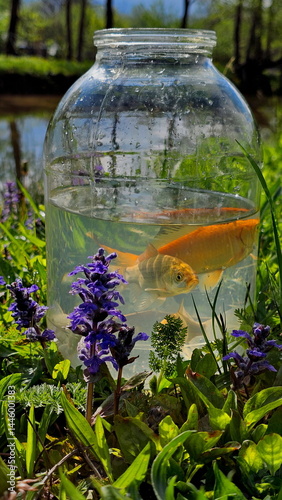 River fish in a balloon on the shore of a pond