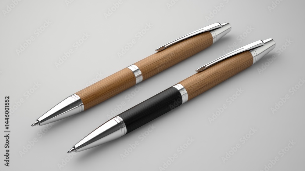 Two elegant pens, one wood, one black, lie on a neutral background. Two elegant pens, one wood, one black, lie on a neutral background.