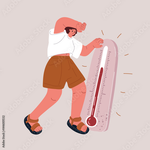 Vector illustration of a woman melting in summer heat, holding a thermometer like a white flag of surrender
