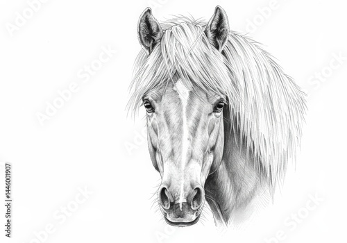 Detailed black and white pencil sketch portrait of an Icelandic horse head