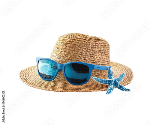 A cute summer hat with blue sunglasses and a starfish on Png Format and Transparent Background
