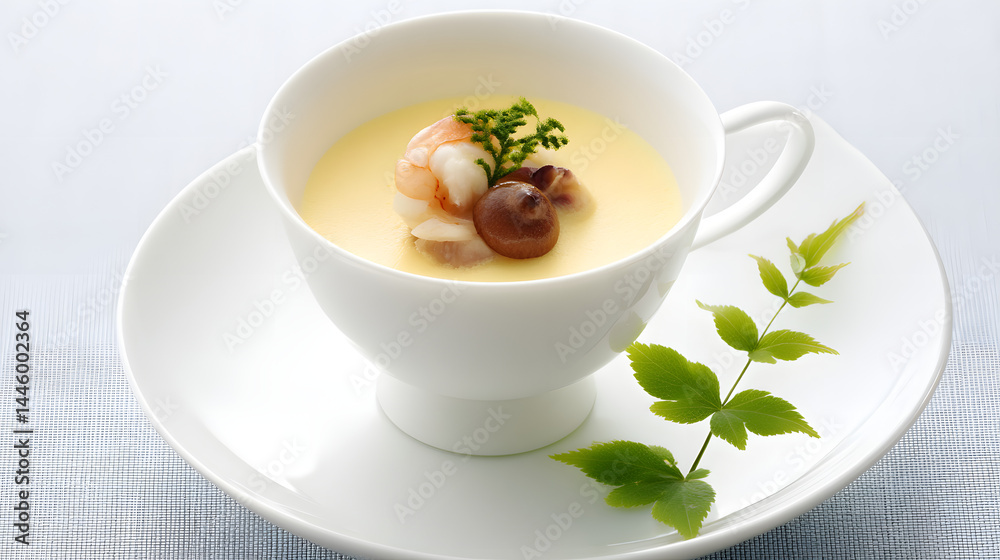 Silky Smooth Steamed Egg Custard Chawanmushi with Shrimp and Mushroom Served in Elegant Bowl Silky Smooth Steamed Egg Custard Chawanmushi with Shrimp and Mushroom Served in Elegant Bowl