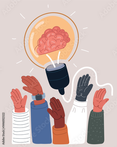 Vector illustration of raised hands reaching toward a brain inside a light bulb like a spark of collective intelligence and inspiration