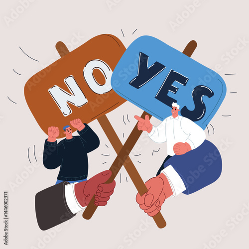 Vector illustration of people debating, one holding a "YES" banner and the other holding a "NO" banner like a battle of opinions in the arena of ideas