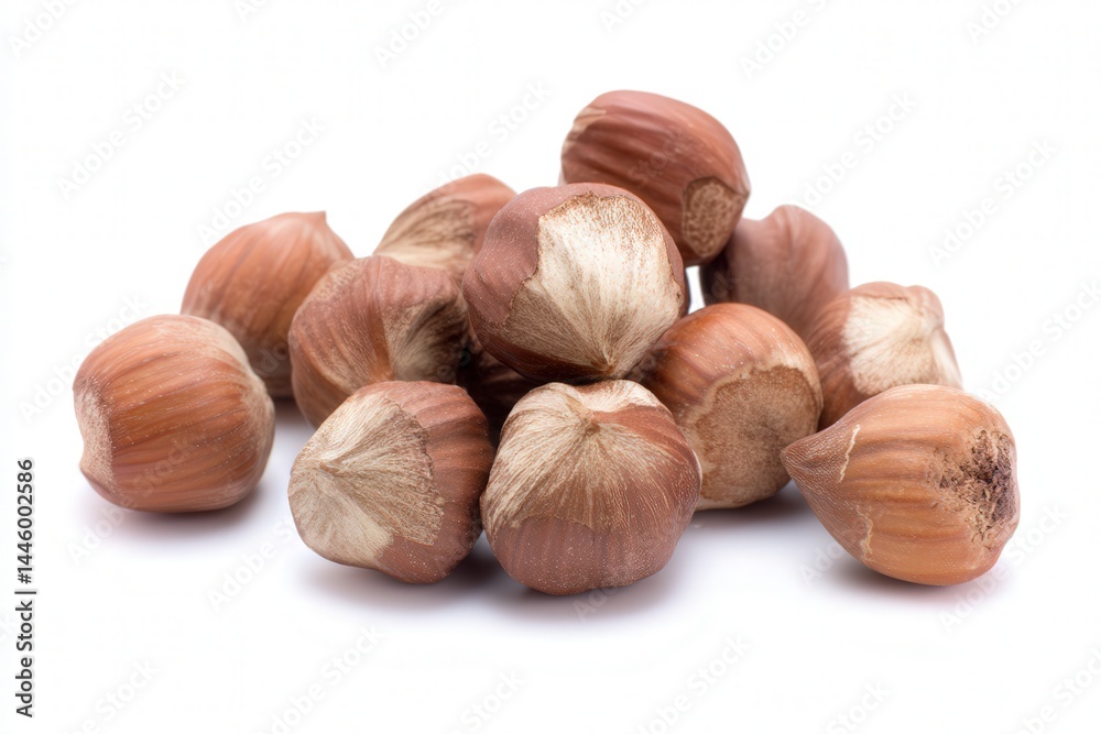 Pile of whole hazelnuts with one cracked open on white background
Pile of whole hazelnuts with one cracked open on white background