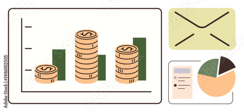 Stacked coins on bar chart with green bars, pie chart, document, and envelope. Ideal for finance, analytics, business strategy, income tracking, reporting email marketing simple landing page
