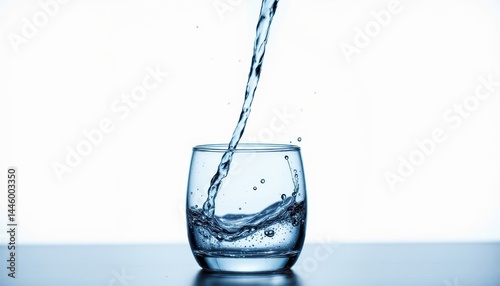 Clear water is being poured into a transparent glass, creating splashes and bubbles against a white background.