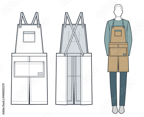Apron fashion flat sketch with cross-back straps and front pockets. Kitchen protective Apron fashion flat technical drawing template, white, brown, women, men, unisex CAD mockup.