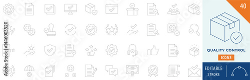 Quality Control icon collection set. Containing evaluation, improve, inspection, process, product, and more. Editable Stroke Line