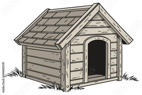 72 Rustic wooden dog house, weathered timber, peaked roof, dark entrance, simple design, isolated on white background, high detail, studio lighting, realistic texture, miniature model, product photogr