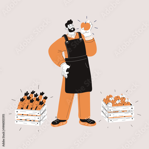 Vector illustration of a farmer holding an apple, surrounded by crates of carrots and apples like a harvest of nature's bounty