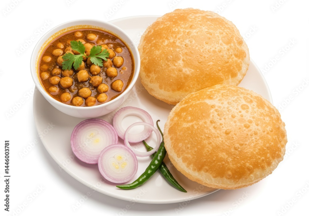Chana masala with puri, onion and chili served on a white plate Chana masala with puri, onion and chili served on a white plate