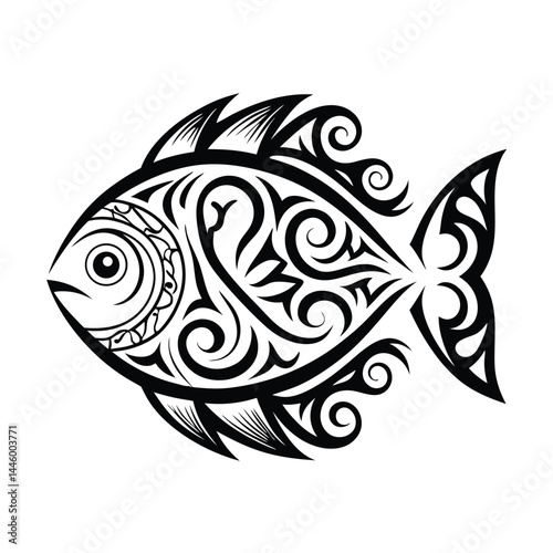 Ornate Fish, Black Tribal Style, Intricate Details, Marine Life, Aquatic Animal