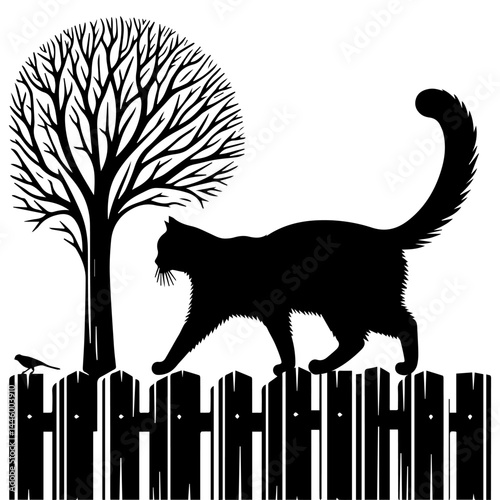 A black and white silhouette of a cat walking along a garden fence to catch a bird on a white isolated background. Vector graphics. EPS.