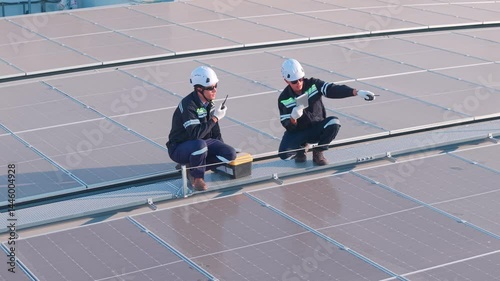 Engineers inspecting rooftop solar panels for maintenance