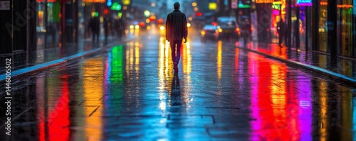 Wallpaper Mural A lone figure walking on a wet urban street at night Torontodigital.ca
