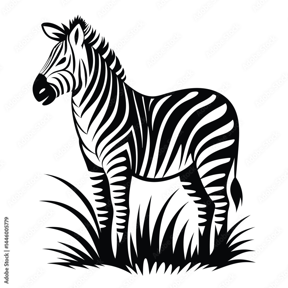 Obraz premium Zebra Silhouette Black Stripes on White Background, Standing in Tall Grass