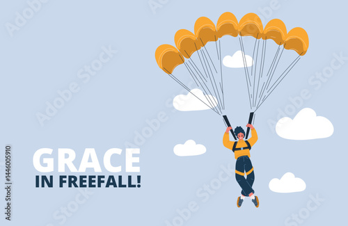 Cartoon vector illustration of a woman descending with a parachute, soaring through the sky like a free spirit in the wind