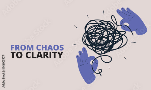 Vector illustration of hands untangling a knotted ball of thread, like unraveling a puzzle of challenges