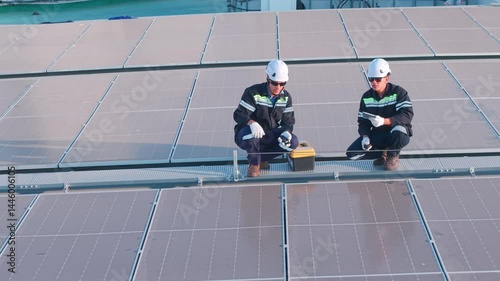 Engineers inspecting rooftop solar panels for maintenance