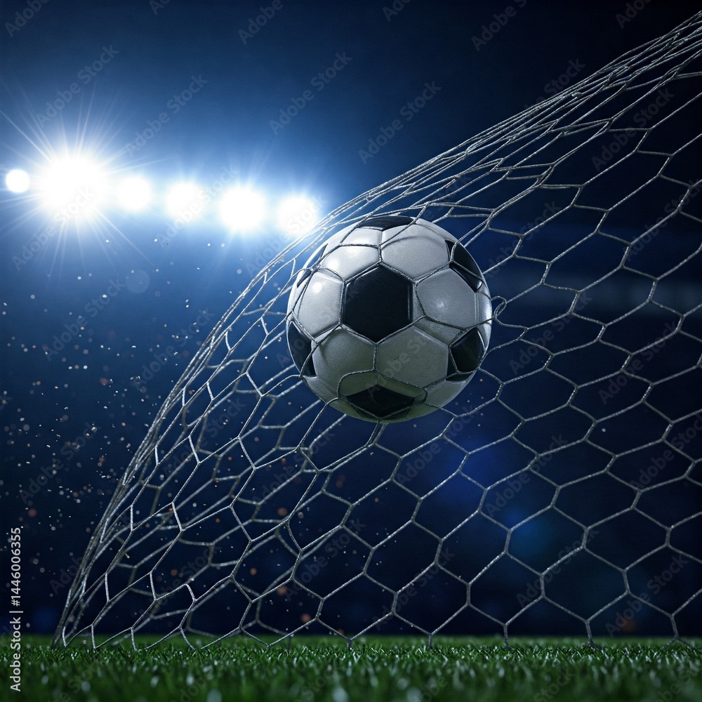 Fototapeta premium A soccer ball is in a goal net on a grassy field, with bright stadium lights in a dark blue background.