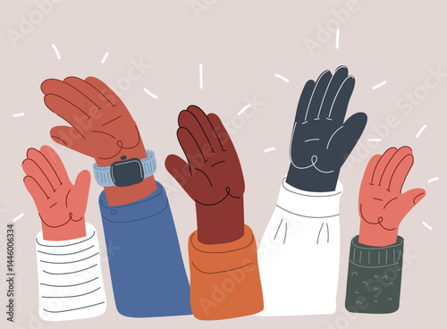 Vector illustration of multiple hands lifted upwards, representing collective enthusiasm and shared achievement