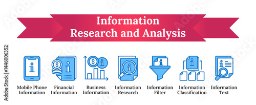 Information research and analysis blue fill dual tone - Mobile phone, financial, business, filter, classification, text vector icon sheet collection blue fill outline