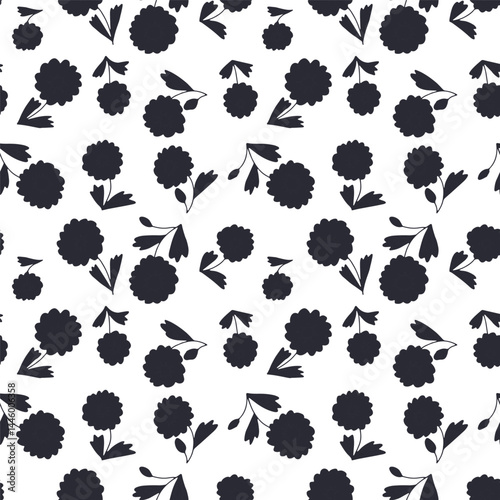Black and white ditsy floral seamless pattern. Hand drawn vintage backdrop with tiny daisy flowers silhouettes. Monochrome Cottagecore texture with sketchy blooms and leaves.