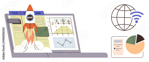 Rocket launching from laptop with workflow board, project tracking, graphs, wireless symbol, and pie chart. Ideal for startup growth, innovation, teamwork, project management data visualization