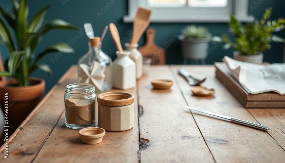 Rustic Kitchen Tabletop Still Life Jars Utensils and Plants A peaceful and homely scene Rustic Kitchen Tabletop Still Life Jars Utensils and Plants A peaceful and homely scene