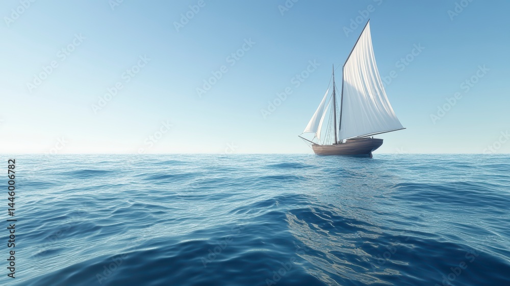 Fototapeta premium A lone sailboat with white sails glides across a calm, blue ocean under a clear sky.