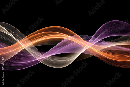 Colorful abstract light waves in orange, purple and white flowing smoothly on a black background