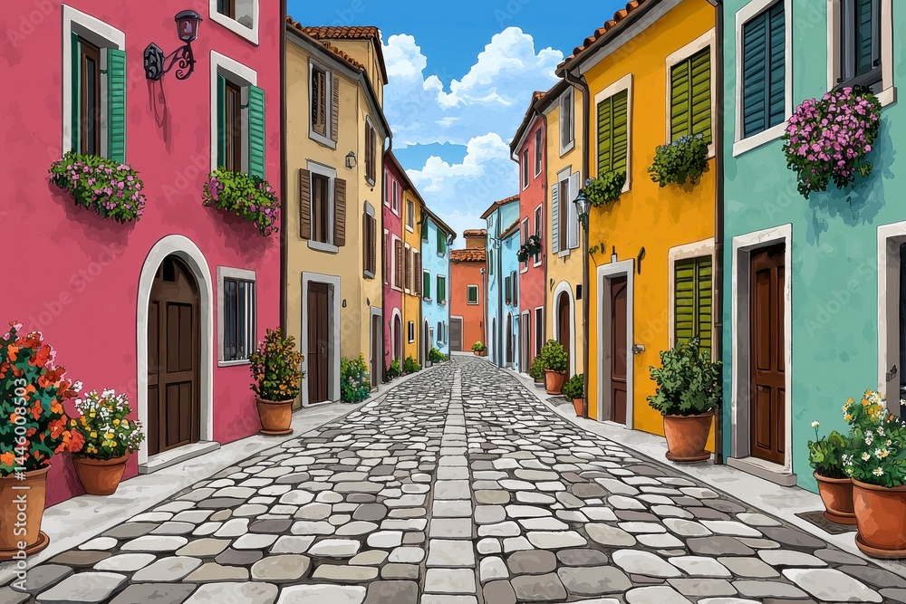 Fototapeta premium Charming Cobblestone Street with Colorful Buildings and Flower Pots