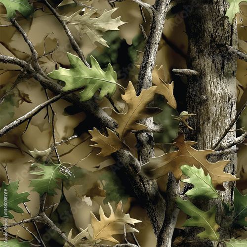 Vector hunting camouflage seamless pattern design. Camouflage background. Deer hunting, forest, jungle texture. Realistic tree seamless pattern. Digital camouflage