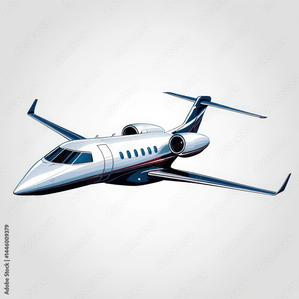 Fototapeta premium Luxury jet soaring through the sky, showcasing sleek design and elegance with blue and silver accents in a radiant afternoon light