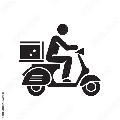 Black and white vector icon of a delivery person on a scooter, side view, simple and minimalist style, flat design