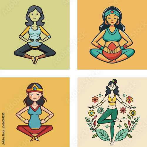 Pregnant Women Meditating Poses Cartoon Illustration For Motherhood Wellness Designs