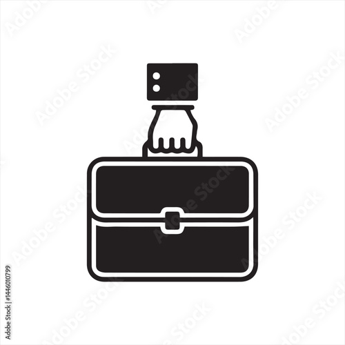 Black and white vector illustration of a hand holding a briefcase