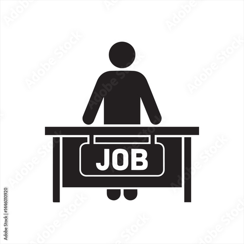 A simple, black and white icon of a person standing behind a desk, with the word 