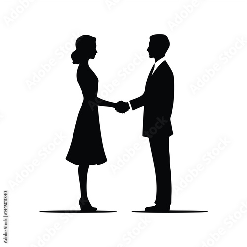 silhouette of a man and a woman shaking hands, facing each other.
