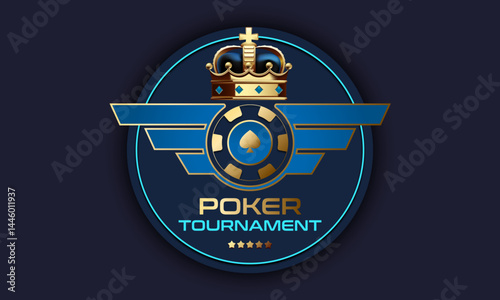 Luxurious poker tournament logo with golden crown, wings and casino chip on dark blue background. Stylish design for online casino, betting platform or professional gambling tournament.