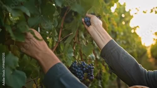 Man harvesting ripe blue grapes in vineyard at sunset. Winemaking process, grape picking for wine production. Agricultural work in autumn season